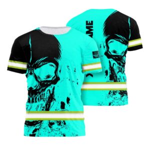 Hi Vis Shirt Tapes Mint Neon Skull Custom Name Safety Workwear For Workers, Runners, Truckers, Skull Lovers