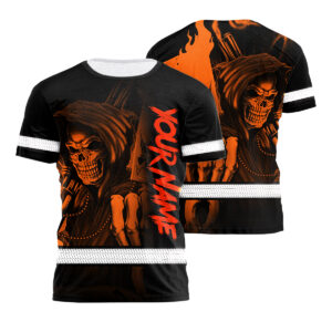 Custom Hi Vis Shirt Featuring Bright Orange Neon Skull And Personalized Name For Safety Workwear