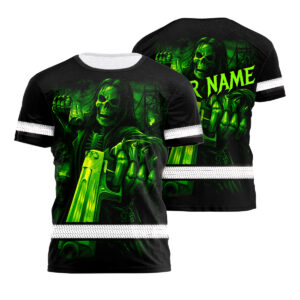 Hi Vis Shirt For Safety Workwear With Striking Neon Green Skull And Gun Print And Your Custom Name