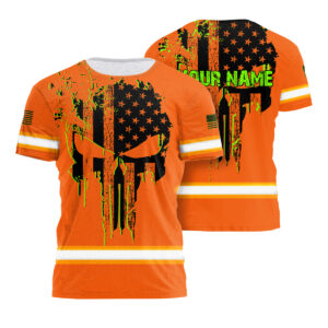 Hi Vis Shirt With Orange Neon Scratch Skull And US Flag Plus Custom Name For Safety Workwear