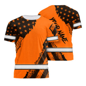Reflective Shirts For Men Orange Neon Scratch US Flag Patriotic Custom Name Safety Workwear For Runners Patriotic