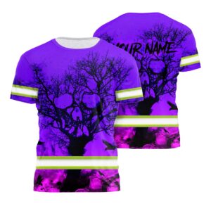 Mens Hi Vis Shirt With Violet Neon Forest Skull And Custom Name For Safety Workwear