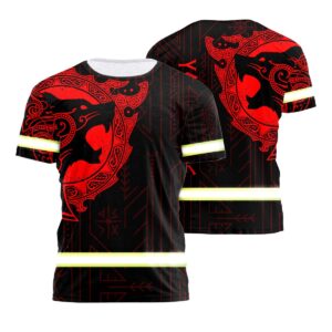 Custom Hi Vis Shirt Featuring Red Neon Viking Wolf Design And Personalized Name For Safety Workwear