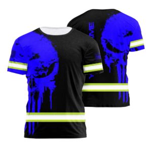 High Visibility Shirt Reflective, Blue Neon Skull US Flag Custom Name For Workers, Runners, Truckers, Skull Lovers