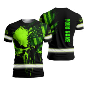 Personalized Hi Vis Shirt With Scratched Green Neon Skull And American Flag Graphics