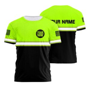 Hi Vis Work Shirt Reflective Tapes Green Neon And Black Uniform US Flag Custom Name And Logo Safety Workwear