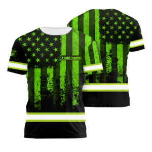 Hi Vis Work Shirt Reflective Flag USA Custom Name Safety Workwear For Runners, Patriotic