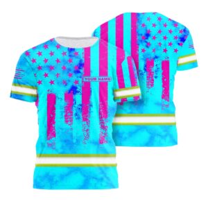 Hi Vis Work Shirt Reflective Flag USA Pink And Blue Neon Custom Name For Runners, Truckers, Skull Lovers