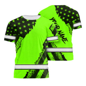 Reflective Shirts For Men Green Neon Scratch US Flag Patriotic Custom Name Safety Workwear For Runners, Patriotic