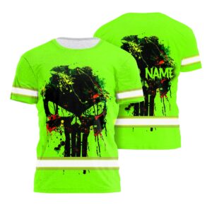 High Visibility Shirt Green Neon Reflective Paint Plash Skull Custom Name