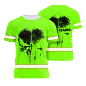High Visibility Shirt Green Neon Reflective Skull Paint Custom Name Safety Workwear For Runners, Worker, Patriotic
