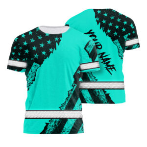 Custom Name Hi Vis Mint Neon Scratch Shirt - US Flag Safety Workwear For Patriotic