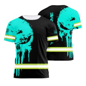 Safety Shirts Reflective Mint Neon Skull US Flag Custom Name Safety Workwear For Workers, Runners, Truckers, Skull Lovers