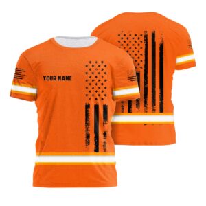 Hi Vis Shirt With Orange Neon US Flag And Custom Name For Patriotic Safety Workwear
