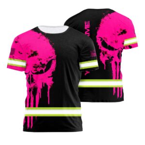 Reflective Shirts For Men Pink Neon Skull US Flag Custom Name For Workers, Runners, Truckers, Skull Lovers