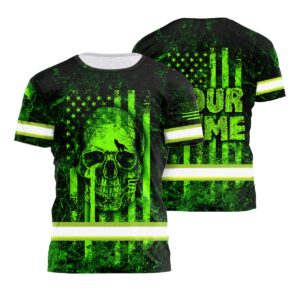 Be Seen In Style With This Custom Name Hi Vis Shirt Featuring Green Skull Design