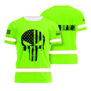 High Visibility Shirt Reflective Skull US Flag Green Neon Custom Name For Workers, Runners, Truckers, Skull Lovers