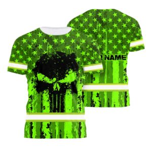 Skull Safety Shirts Reflective American Flag Custom Name Safety Workwear For Runners, Worker, Patriotic