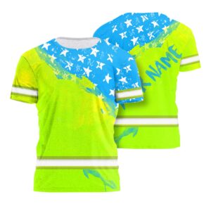 Green And Blue Neon US Flag Hi Vis Shirt With Custom Name — For Proud American Workers