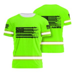 Hi Vis Work Shirt Green Neon Reflective Gun US Flag Custom Name Safety Workwear For Runners, Patriotic