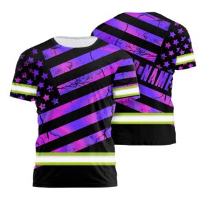 Bold Hi Vis Shirt With Violet Tapes US Flag Design And Custom Name — Perfect For Patriotic Workers