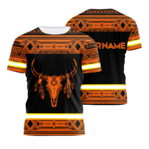 Safety Shirts Orange Neon Reflective Native Bull's Skull Safety Workwear For Workers, Runners, Cyclists, Trucker, Patriotic, Skull Lovers