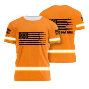 Hi Vis Work Shirt Orange Neon Reflective US Flag Custom Name For Workers, Runners, Truckers, Skull Lovers