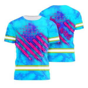 Pink And Blue US Flag Hi Vis Shirt With Custom Name - For Work With Pride