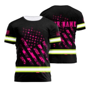 Hi Vis Work Shirt Black Reflective Tapes Pink Neon US Flag Camo Custom Name