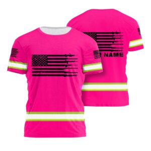 Pink High Vis Shirt Reflective Gun US Flag Custom Name Safety Workwear For Runners, Worker, Patriotic