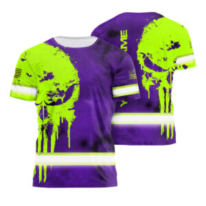 Hi Vis T Shirt Skull Navy Neon Custom Name Violet Reflective Skull Green Neon Custom Name