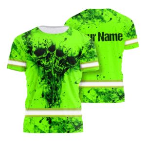 Safety Shirts Green Neon Reflective Tapes Skull Custom Name Safety Workwear For Workers, Runners, Truckers, Skull Lovers