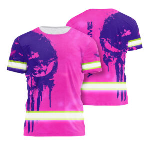 Hi Vis T Shirt Skull Violet Neon Custom Name For Workers, Skull Lover