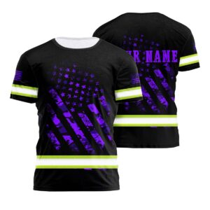 High Visibility Shirt Black Reflective, Violet Neon US Flag Camo Custom Name For Runners, Worker, Patriotic