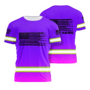 Hi Vis Work Shirt Violet Neon Reflective US Flag Custom Name For Workers, Runners, Truckers, Skull Lovers