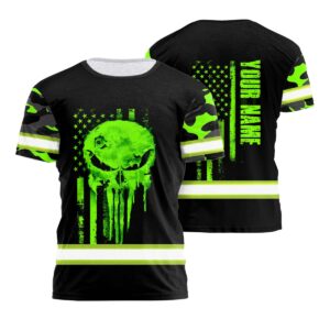 Safety Shirts Reflective US Flag Camo Skull Custom Name Safety Workwear For Runners, Truckers, Skull Lovers