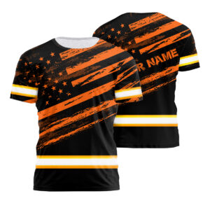 Stand Out In This Hi Vis Shirt With Glowing Orange US Flag Design And Your Custom Name For Pro-Level Safety