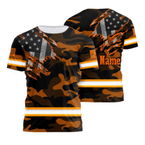 Hi Vis Shirt With Scratch Camo US Flag In Orange And Custom Name For Bold And Safe Workwear