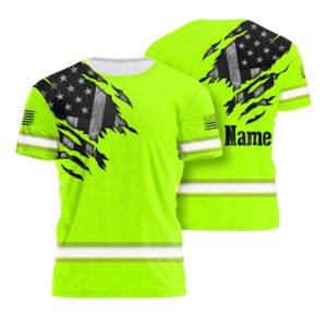 Hi Vis Shirt Featuring Green Scratch US Flag And Personalized Name For Patriotism