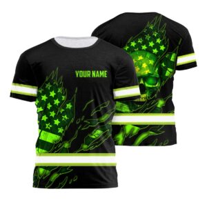 Custom Hi Vis T Shirt Featuring Ripped Graphic Of Neon Green Skull And US Flag With Your Name For Safety Workwear