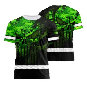 Hi Vis Shirt For Safety Workwear With Bold Skull Camo In Neon Green And Name Customization
