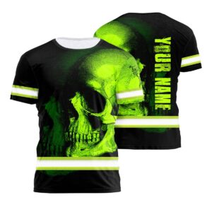 Neon Green Skull Hi Vis Shirt With Custom Name Designed For Runners, Truckers, And Skull Lovers