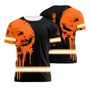 Reflective Shirts For Men Orange Neon Skull US Flag Custom Name For Workers, Runners, Truckers, Skull Lovers