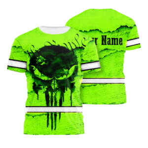 Custom Name Hi Vis Shirt Green Neon "Scratch" Skull Safety Work Shirt