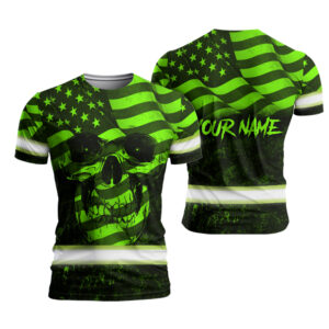 Hi Vis Shirt With Bright Green Neon Skull Flag And Custom Name Branding For Runners, Truckers, Skull Lovers