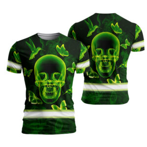 Custom Hi Vis Shirt With Unique Green Neon Skull And Butterfly Pattern For Safety Workwear