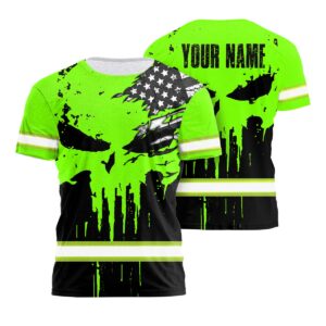 Custom Hi Vis T Shirt Featuring Skull Scratch US Flag And Personalized Name For Work Safety