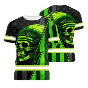 Personalized Hi Vis Skull Native US Flag Shirt - Safety Workwear