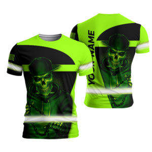 High Visibility Shirt Skull US Flag Patriotic Green Neon Custom Name For Workers, Runners, Truckers, Patriotic, Skull Lovers