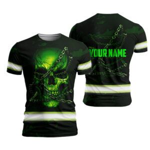 High Visibility Shirt Skull USA Flag Green Neon Custom Name Safety Workwear